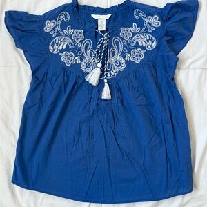 H&M Blue Top with Ruffle Sleeve and Floral Embriodery